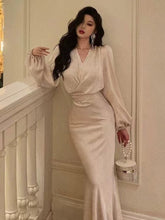 BXOXO party look inspos Elegant Satin Bodycon Print Midi Dresses for Women Lantern Sleeve V-neck Slim Waist Mermaid Party Dress Autumn Female Vestidos